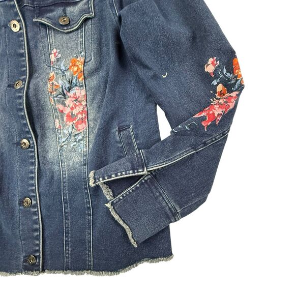 NEW DG2 by Diane Gilman Floral Denim Jean Jacket Women Size Medium Split Cuffs - Picture 3 of 12